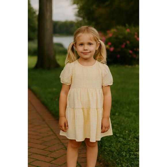 Yellow Gingham Puff Sleeve Dress for Toddler Girls Size 6-7 - Picture 1 of 6